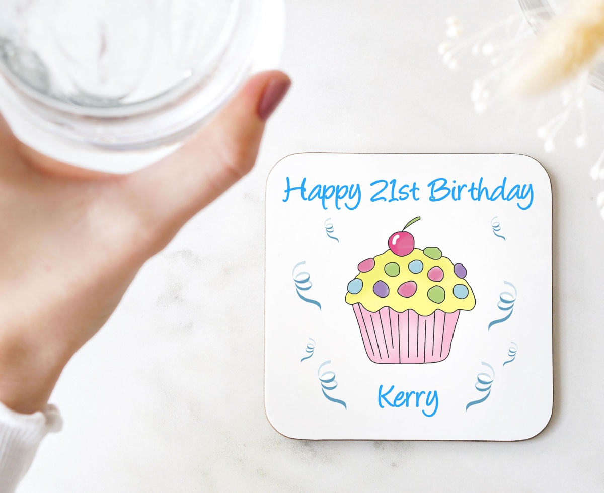 Cupcake (Yellow Cherry) Personalised Birthday Coaster